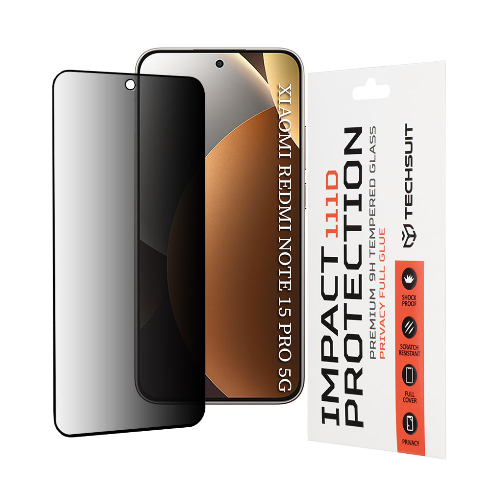 Προστατευτική Μεμβράνη Οθόνης Privacy Techsuit για Xiaomi Redmi Note 15 Pro 5G, Ενισχυμένο Γυαλί, Full Glue, 111D