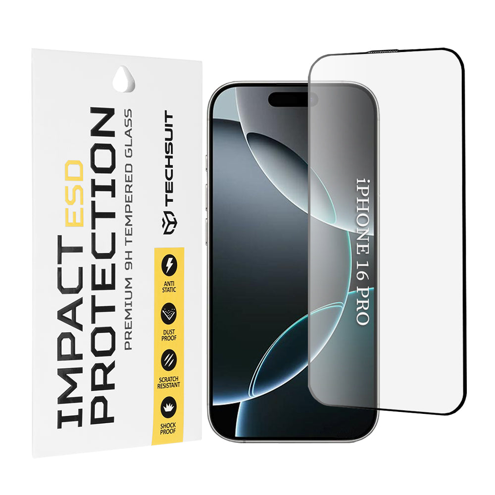 Προστατευτική μεμβράνη οθόνης Techsuit για Apple iPhone 16 Pro, Ασφαλισμένο γυαλί, Πλήρης κόλλα, Μαύρο