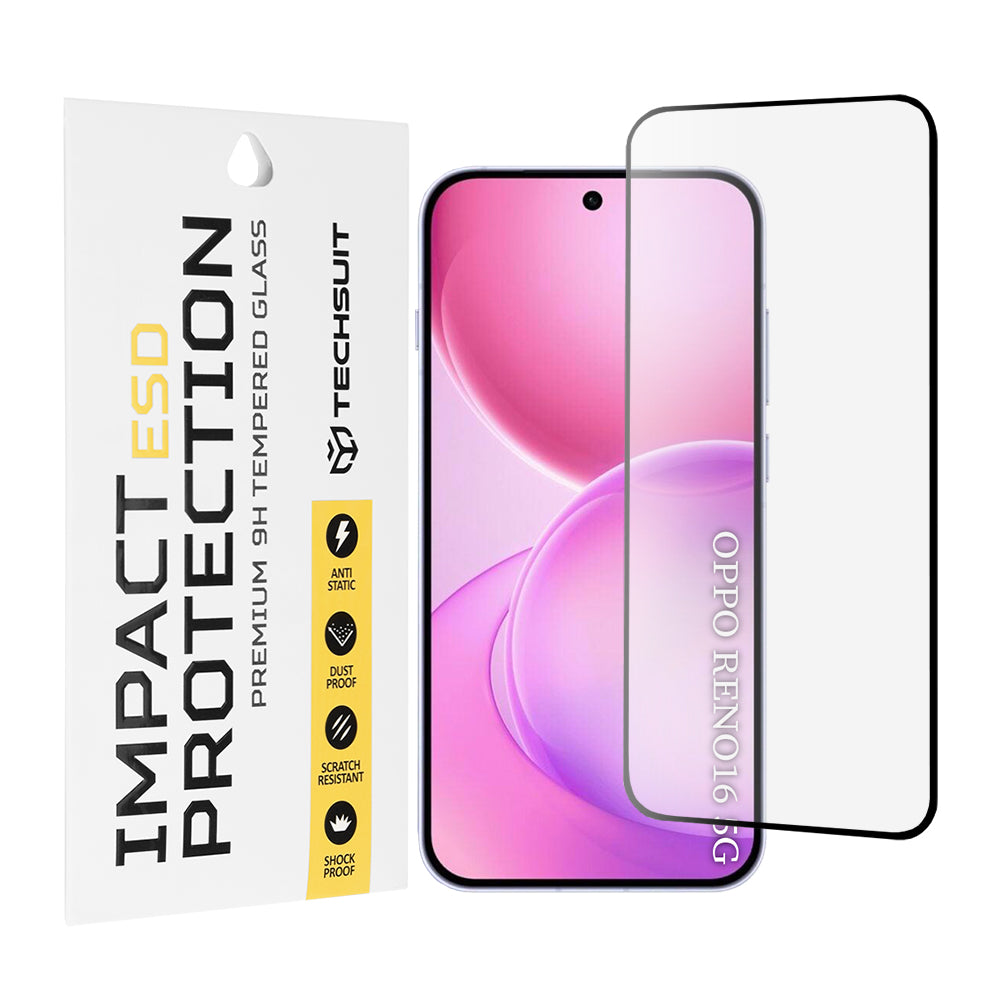Προστατευτική μεμβράνη οθόνης Techsuit για Oppo Reno16 / Reno16 Pro, Ασφαλισμένο γυαλί, Πλήρης κόλλα, Μαύρο