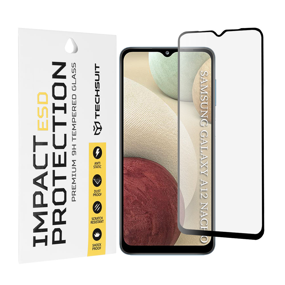 Προστατευτική μεμβράνη οθόνης Techsuit για Samsung Galaxy F12 F127 / A12 Nacho A127 / M02 M022 / M12 M127, Ασφαλισμένο γυαλί, Πλήρης κόλλα, Μαύρο