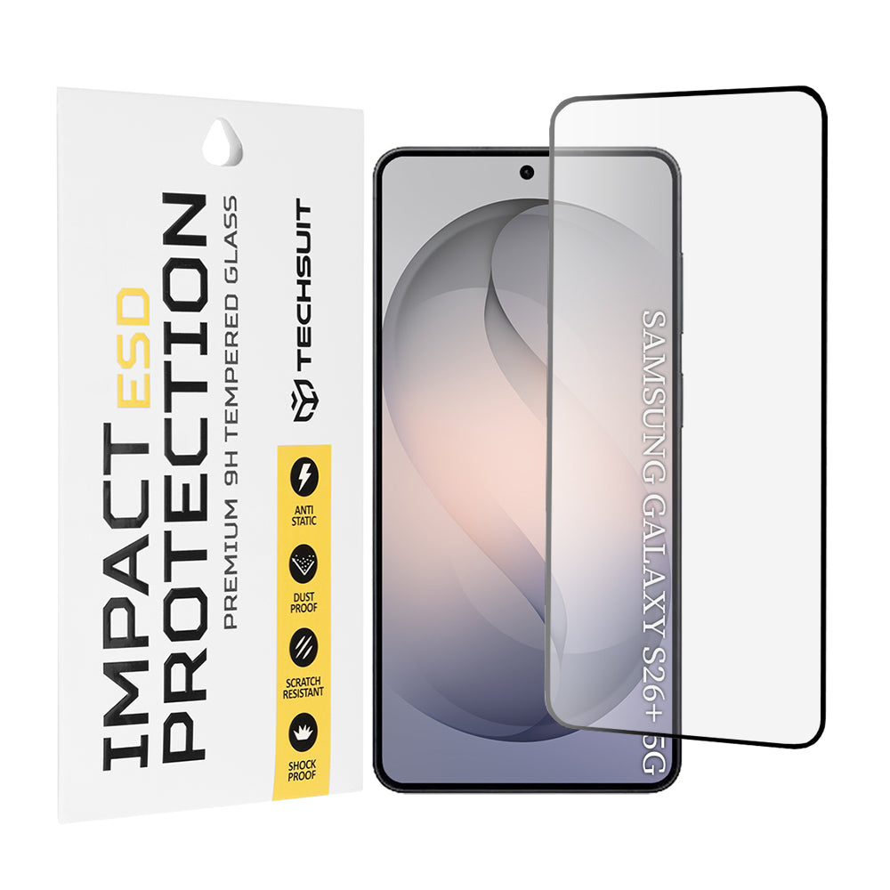 Προστατευτική Μεμβράνη Οθόνης Techsuit για Samsung Galaxy S26 Plus S947, Ενισχυμένο Γυαλί, Πλήρης Κόλληση, Μαύρη
