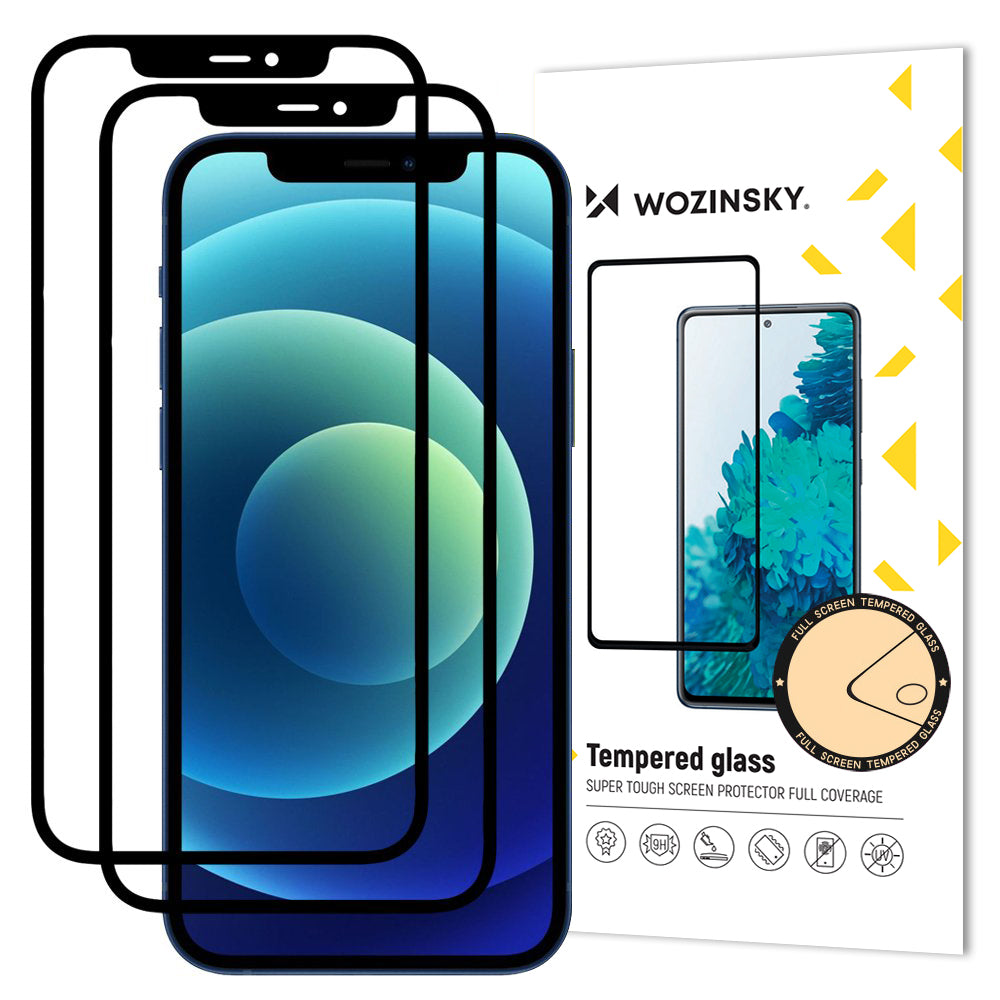 Προστατευτική μεμβράνη οθόνης WZK για Apple iPhone 12 / 12 Pro, Ασφαλισμένο γυαλί, Πλήρης κόλλα, Σετ 2 τεμαχίων, Φιλικό προς θήκες, Μαύρο