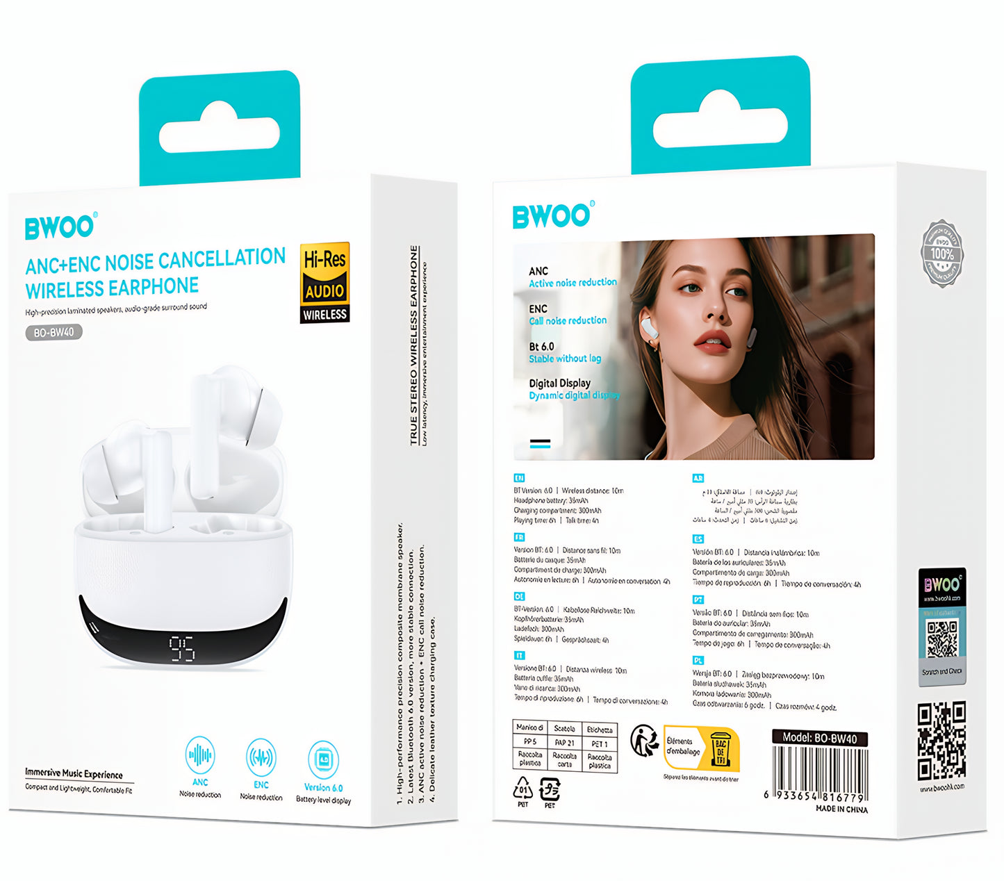 Ακουστικά Bluetooth Handsfree BWOO BW40, TWS, ANC, Λευκό