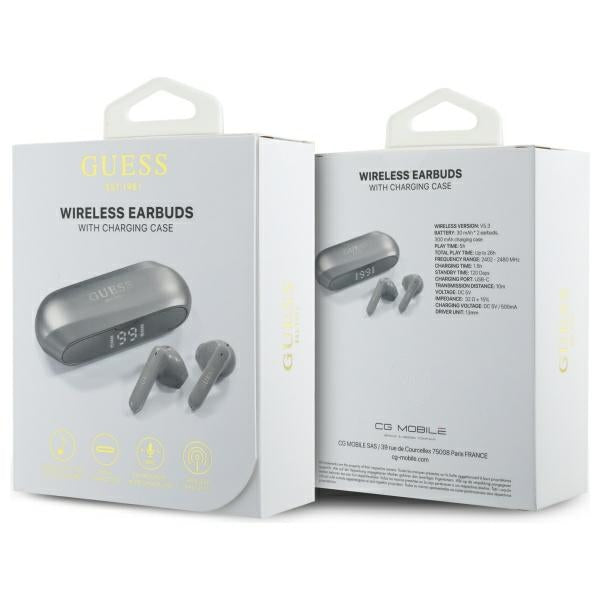 Handsfree Bluetooth Guess Elongated Metallic Printed Logo, TWS, Γκρι