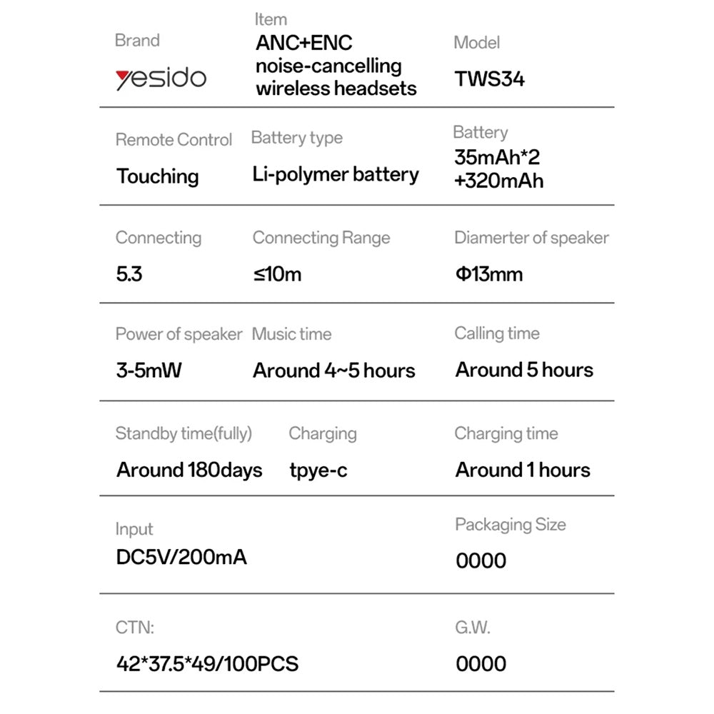 Handsfree Bluetooth Yesido TWS34, TWS, ANC, Λευκό