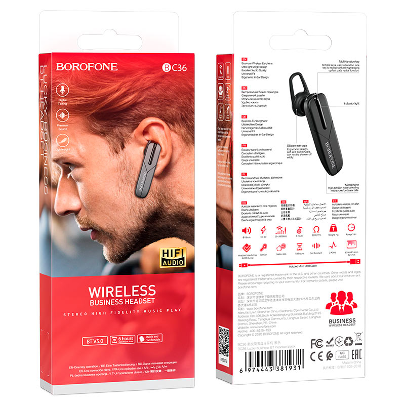 Handsfree Bluetooth Headset BC36 Lucky, A2DP, Black