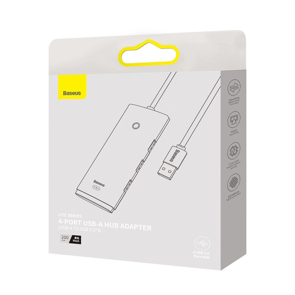 Hub USB Baseus Lite, 4 x USB-A 3.0 - 1 x USB-C, 2m, Μαύρο WKQX030201