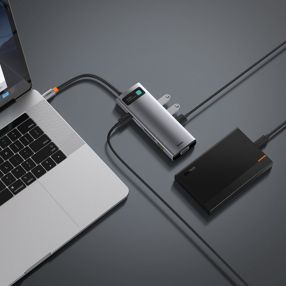 Hub USB-C Baseus, 3 x USB-A 3.0 - 1 x USB-C - 1 x HDMI - 1 x VGA - 1 x RJ45 - 1 x SD - 1 x microSD, Γκρι CAHUB-CU0G