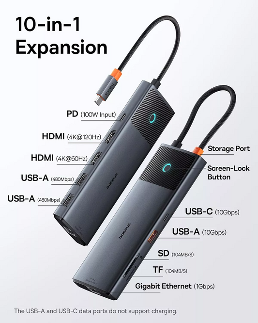 Hub USB-C Baseus Dual Display, 1 x USB-A 3.0 - 2 x USB-A - 2 x USB-C - 2 x HDMI - 1 x RJ45 - 1 x SD - 1 x microSD, Μαύρο B00061800123-01