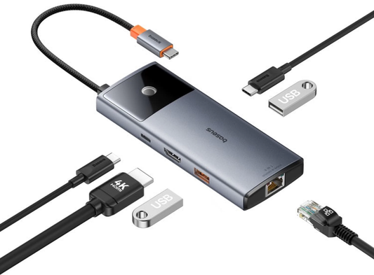 Baseus Metal Gleam II USB-C Hub, 2 x USB-A - 2 x USB-C - 1 x HDMI - 1 x RJ45, Gray B00061802813-00