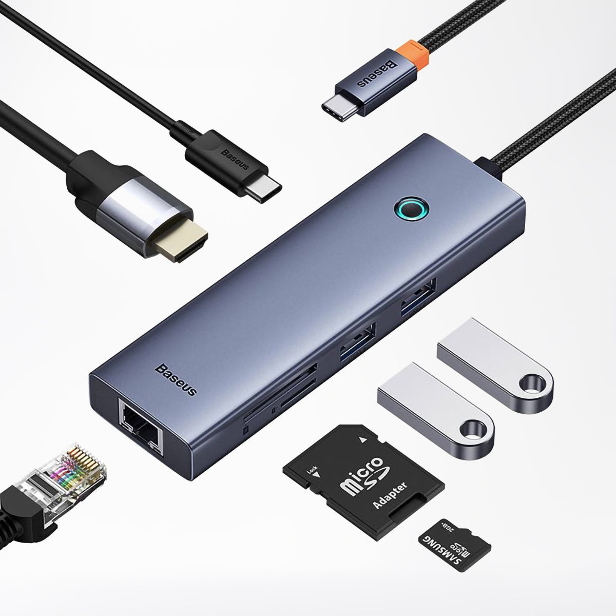 Hub USB-C Baseus UltraJoy, 2 x USB-A 3.0 - 1 x USB-C - 1 x HDMI - 1 x RJ45 - 1 x SD - 1 x microSD, Γκρι B00052805813-00