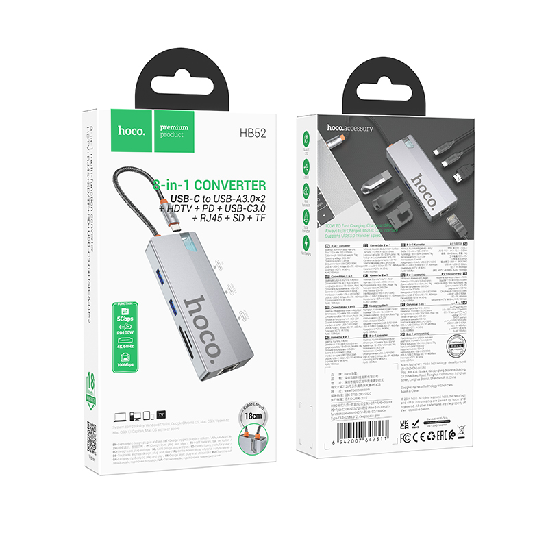 Hub USB-C HOCO HB52, 2 x USB-A 3.0 - 2 x USB-C - 1 x HDMI - 1 x RJ45 - 1 x SD - 1 x microSD, Γκρι