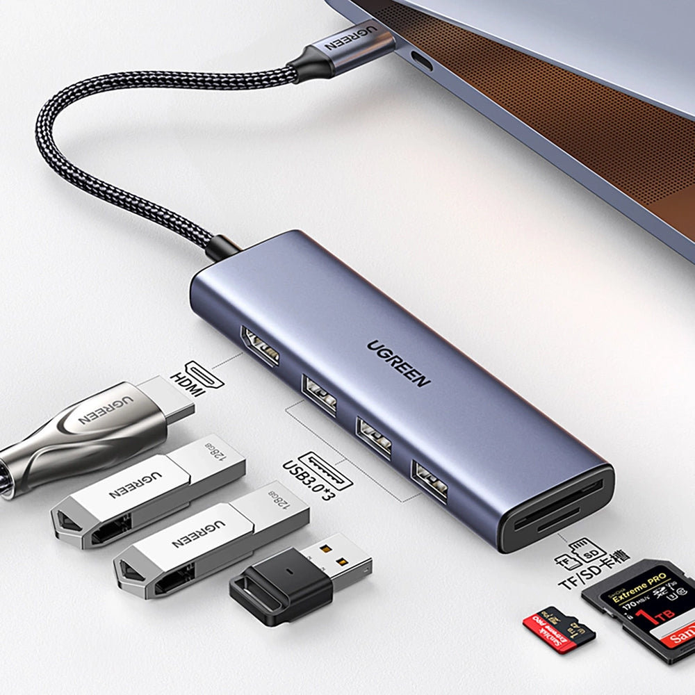 Hub USB-C UGREEN CM511 (20956A), 3 x USB-A 3.0 - 1 x HDMI - 1 x SD - 1 x microSD, Γκρι