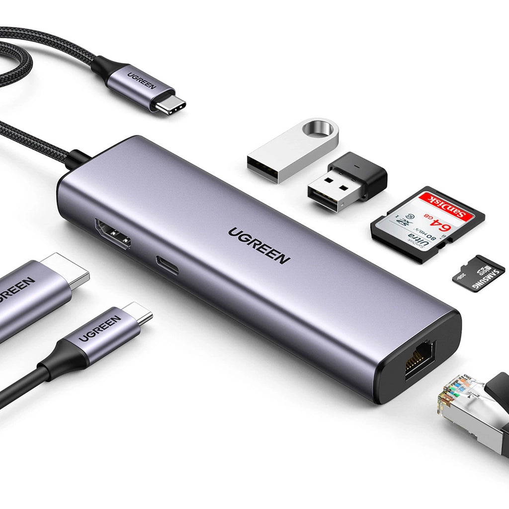 Hub USB-C UGREEN CM512 (90568), 2 x USB-A 3.0 - 1 x USB-C - 1 x HDMI - 1 x RJ45 - 1 x SD - 1 x microSD, Γκρι