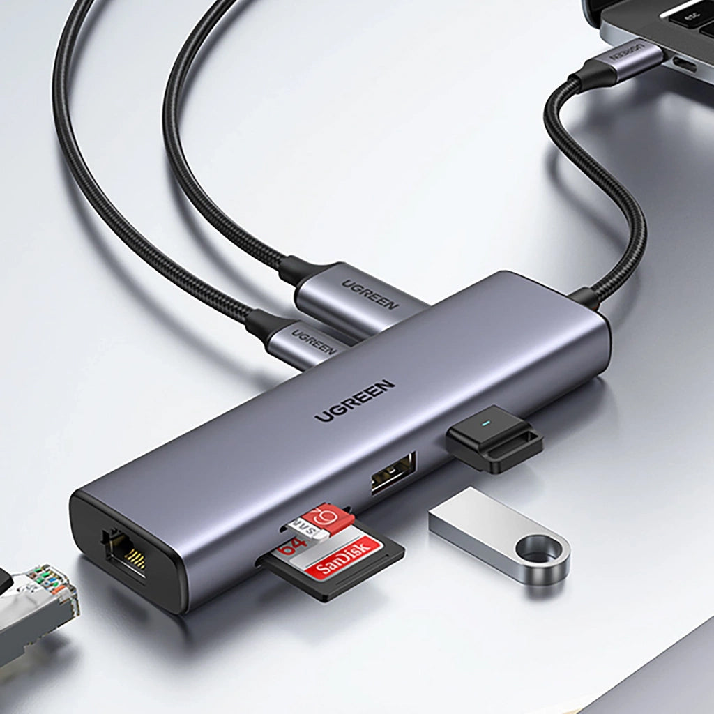 Hub USB-C UGREEN CM512 (90568), 2 x USB-A 3.0 - 1 x USB-C - 1 x HDMI - 1 x RJ45 - 1 x SD - 1 x microSD, Γκρι
