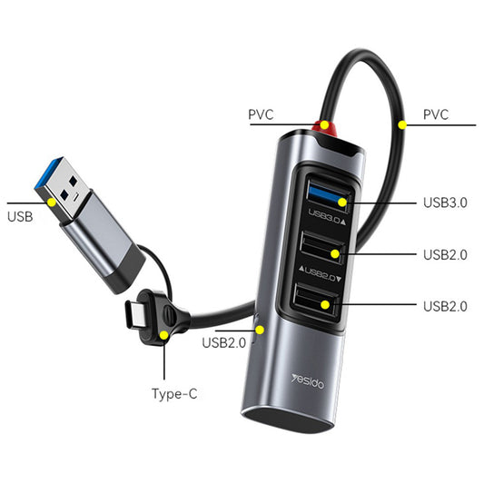 Hub USB / USB-C Yesido HB19, 4in1, Γκρι