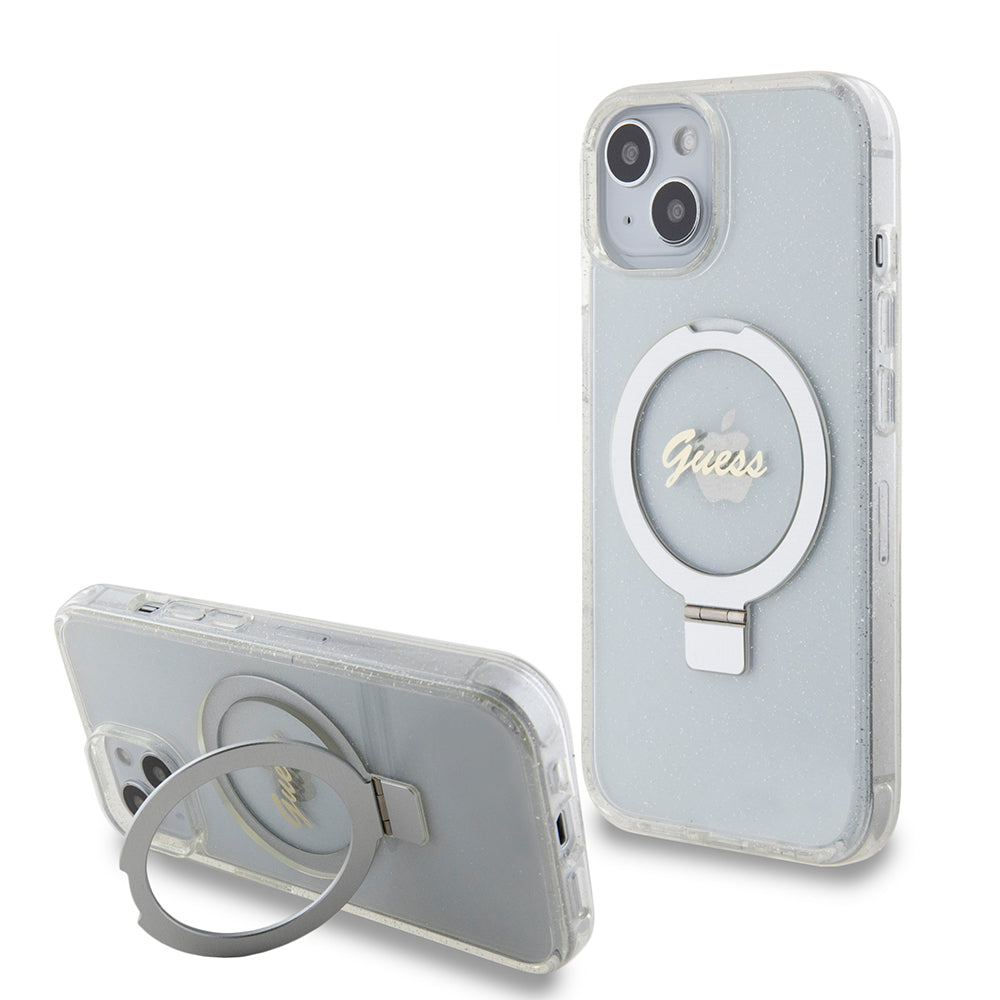 Θήκη MagSafe για Apple iPhone 15, Guess, Ring Stand Script Glitter, Διαφανής