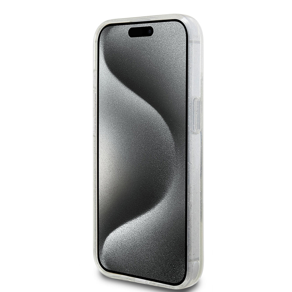 Θήκη MagSafe για Apple iPhone 15, Guess, Ring Stand Script Glitter, Διαφανής