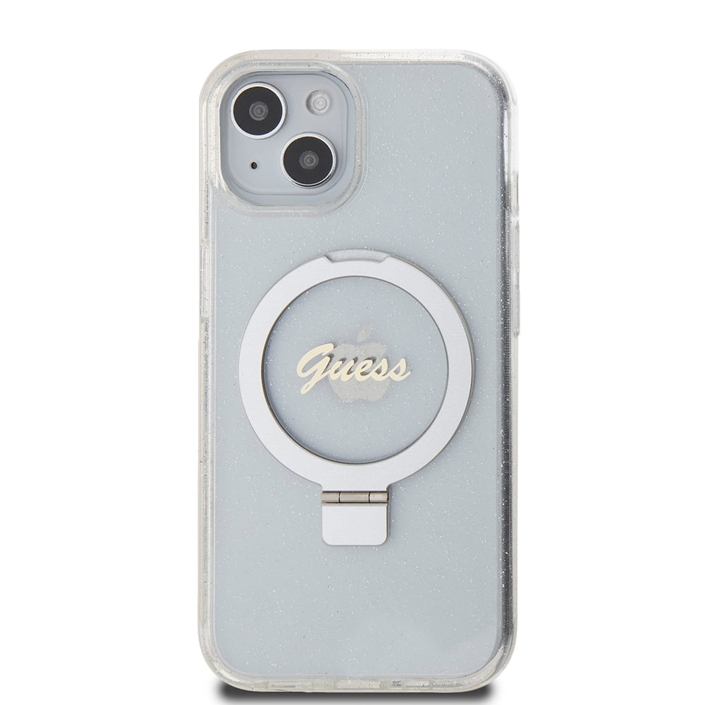 Θήκη MagSafe για Apple iPhone 15, Guess, Ring Stand Script Glitter, Διαφανής