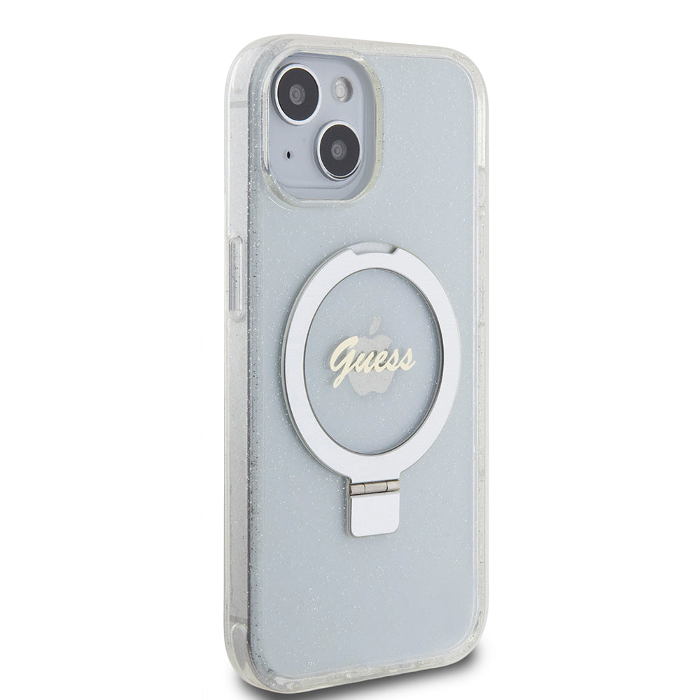 Θήκη MagSafe για Apple iPhone 15, Guess, Ring Stand Script Glitter, Διαφανής