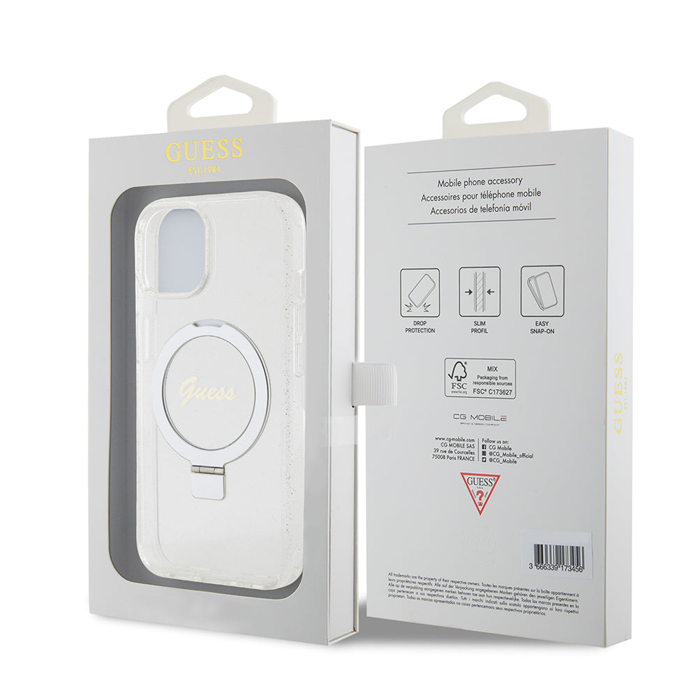 Θήκη MagSafe για Apple iPhone 15, Guess, Ring Stand Script Glitter, Διαφανής