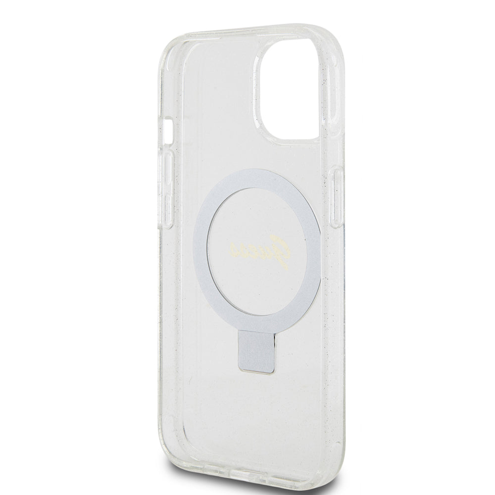Θήκη MagSafe για Apple iPhone 15, Guess, Ring Stand Script Glitter, Διαφανής