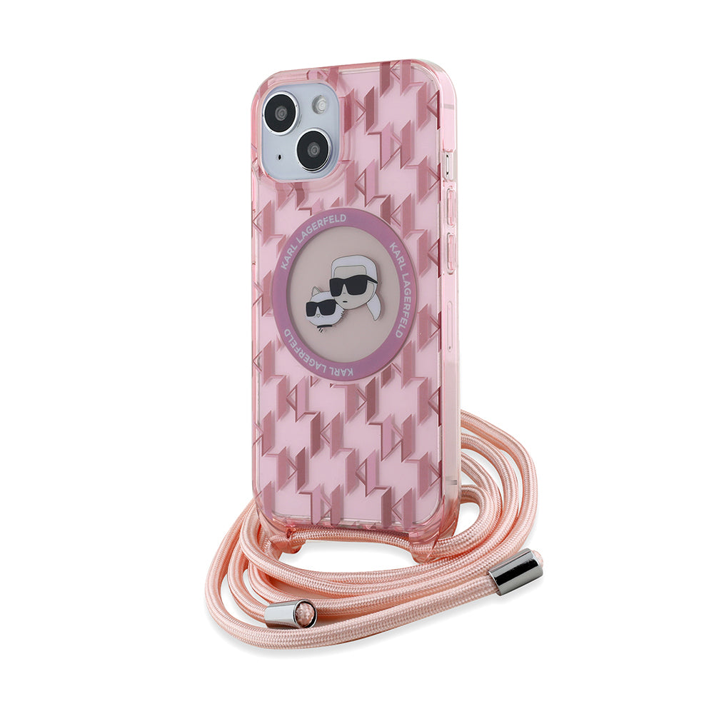 Θήκη MagSafe για Apple iPhone 15, Karl Lagerfeld, IML Crossbody Monogram Karl & Choupette's Heads, Ροζ