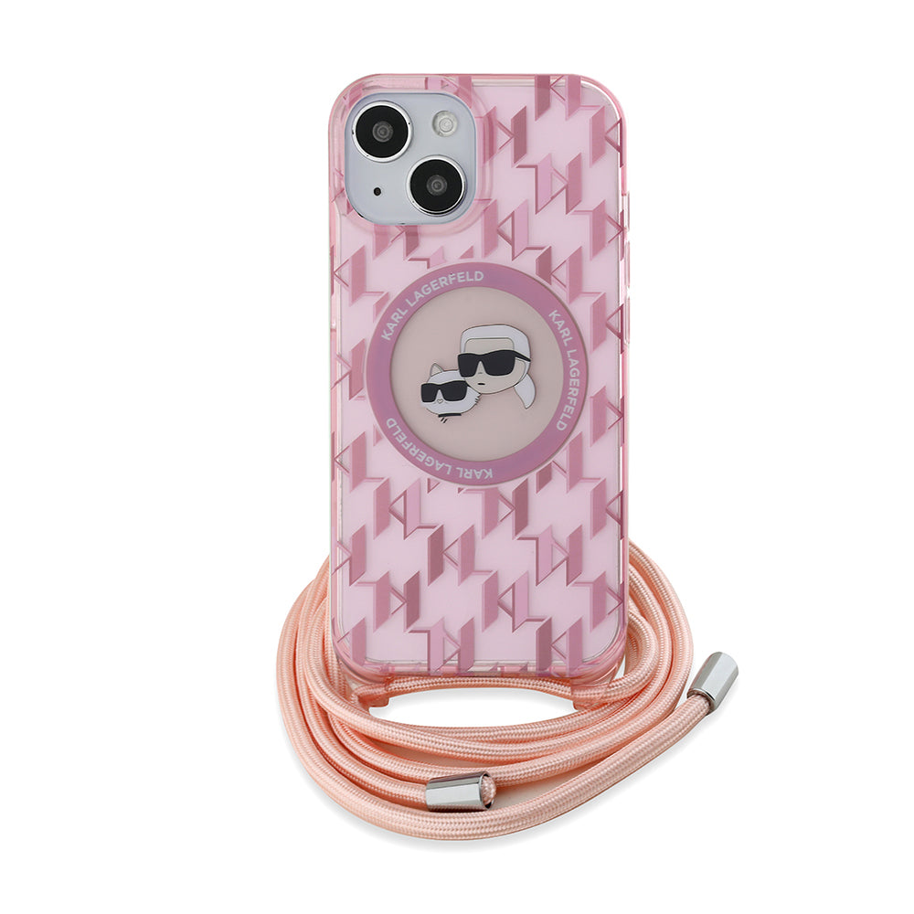 Θήκη MagSafe για Apple iPhone 15, Karl Lagerfeld, IML Crossbody Monogram Karl & Choupette's Heads, Ροζ