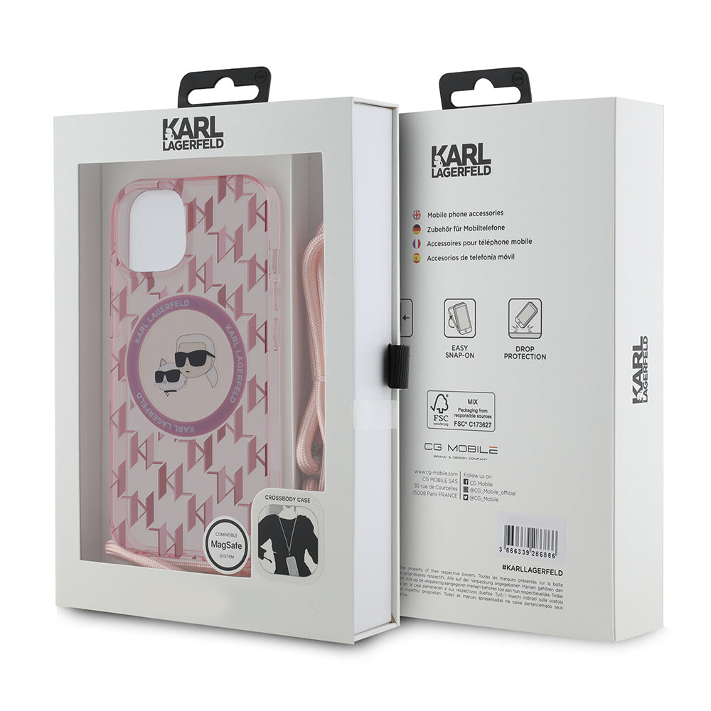 Θήκη MagSafe για Apple iPhone 15, Karl Lagerfeld, IML Crossbody Monogram Karl & Choupette's Heads, Ροζ