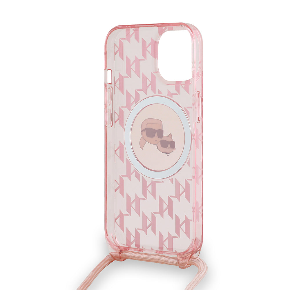 Θήκη MagSafe για Apple iPhone 15, Karl Lagerfeld, IML Crossbody Monogram Karl & Choupette's Heads, Ροζ