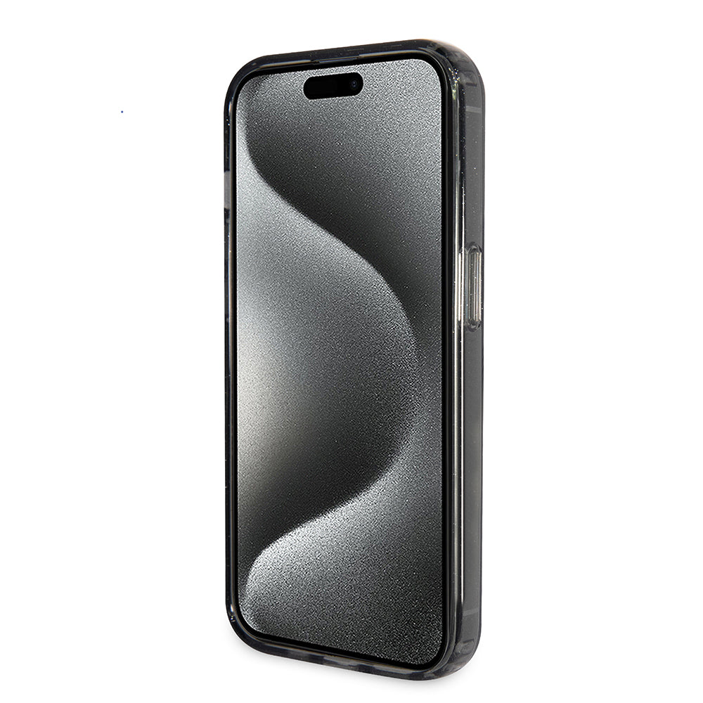 Θήκη MagSafe για Apple iPhone 15 Plus, Guess, Ring Stand Script Glitter, Μαύρη