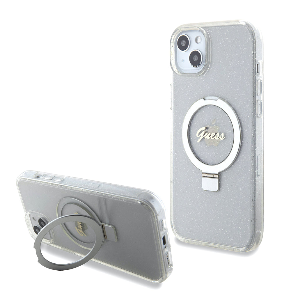 MagSafe Case for Apple iPhone 15 Plus, Guess, Ring Stand Script Glitter, Transparent