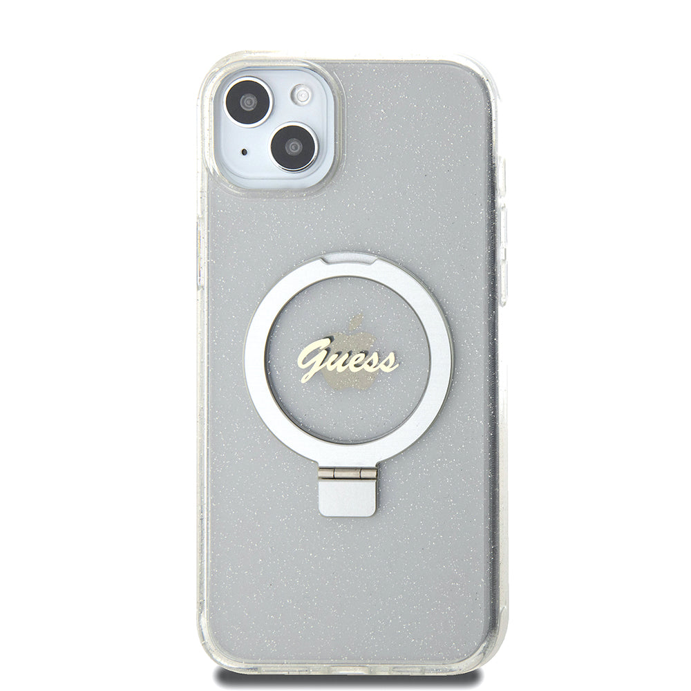 MagSafe Case for Apple iPhone 15 Plus, Guess, Ring Stand Script Glitter, Transparent