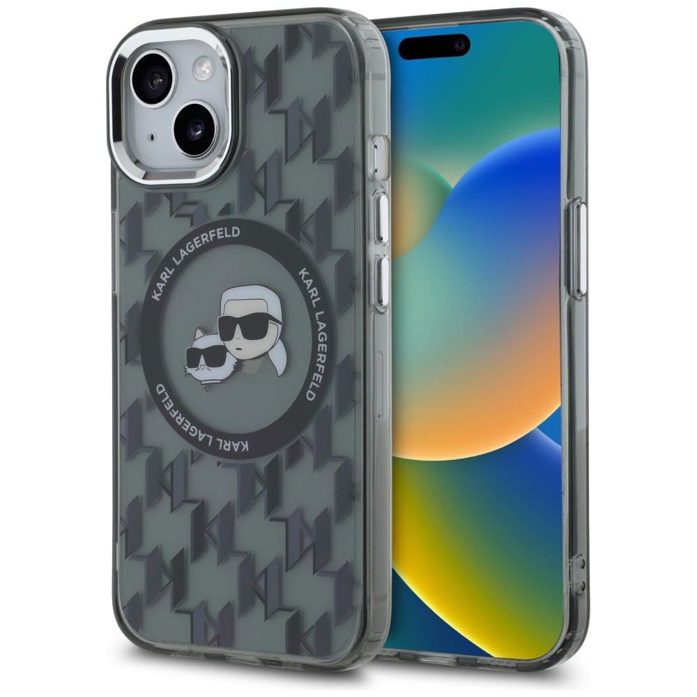 Θήκη MagSafe για Apple iPhone 15 Plus, Karl Lagerfeld, IML Monogram Karl & Choupette's Heads, Μαύρη