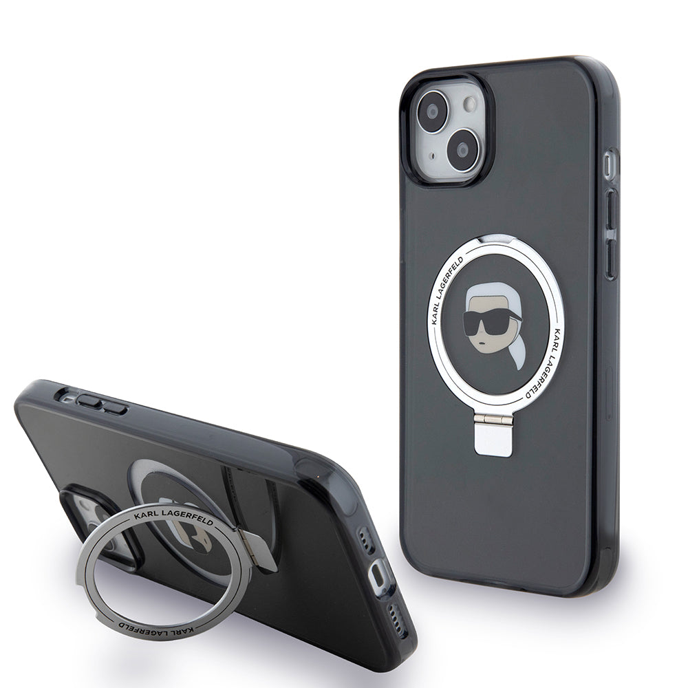 MagSafe Case for Apple iPhone 15 Plus, Karl Lagerfeld, Ring Stand Karl's Head, Black