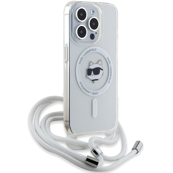 MagSafe Case for Apple iPhone 15 Pro, Karl Lagerfeld, IML Crossbody Choupette's Head with Strap, Transparent