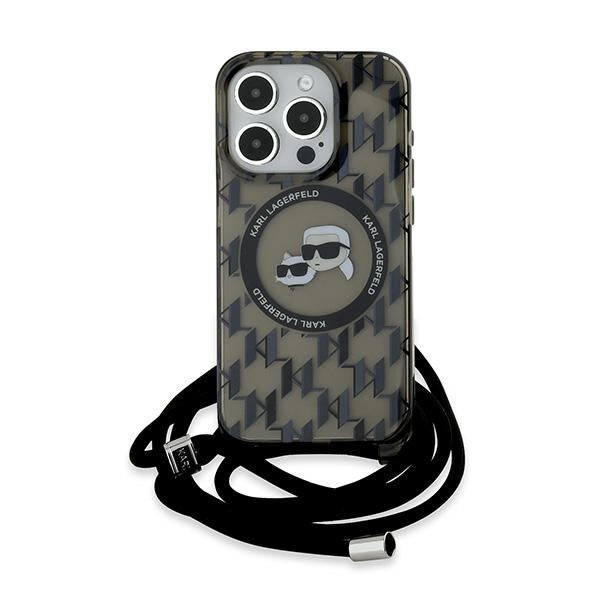 Θήκη MagSafe για Apple iPhone 15 Pro, Karl Lagerfeld, IML Crossbody Monogram Karl & Choupette's Heads, Μαύρη