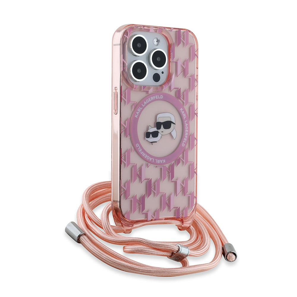 Θήκη MagSafe για Apple iPhone 15 Pro, Karl Lagerfeld, IML Crossbody Monogram Karl & Choupette's Heads, Ροζ