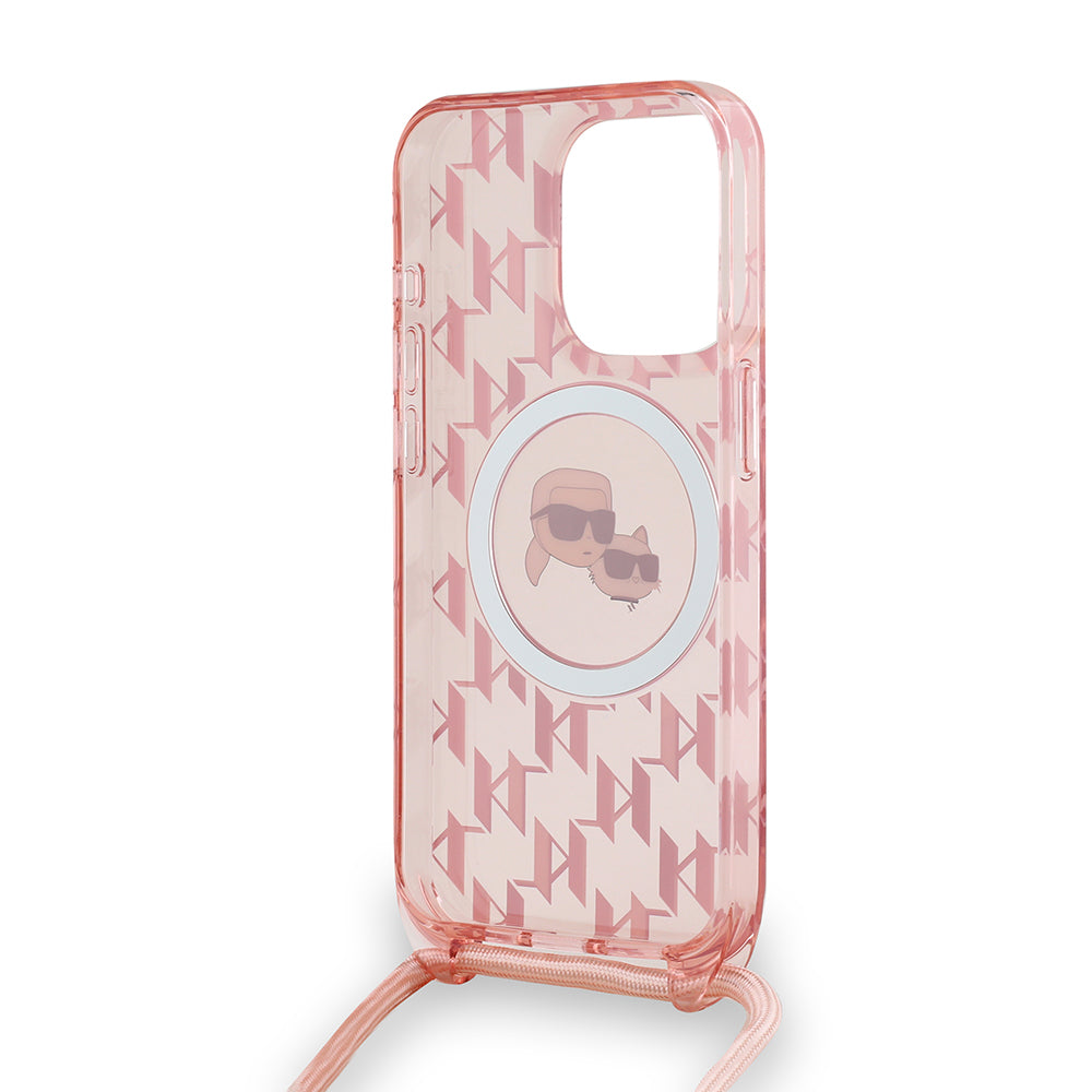 Θήκη MagSafe για Apple iPhone 15 Pro, Karl Lagerfeld, IML Crossbody Monogram Karl & Choupette's Heads, Ροζ