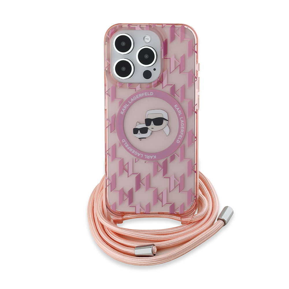 Θήκη MagSafe για Apple iPhone 15 Pro, Karl Lagerfeld, IML Crossbody Monogram Karl & Choupette's Heads, Ροζ