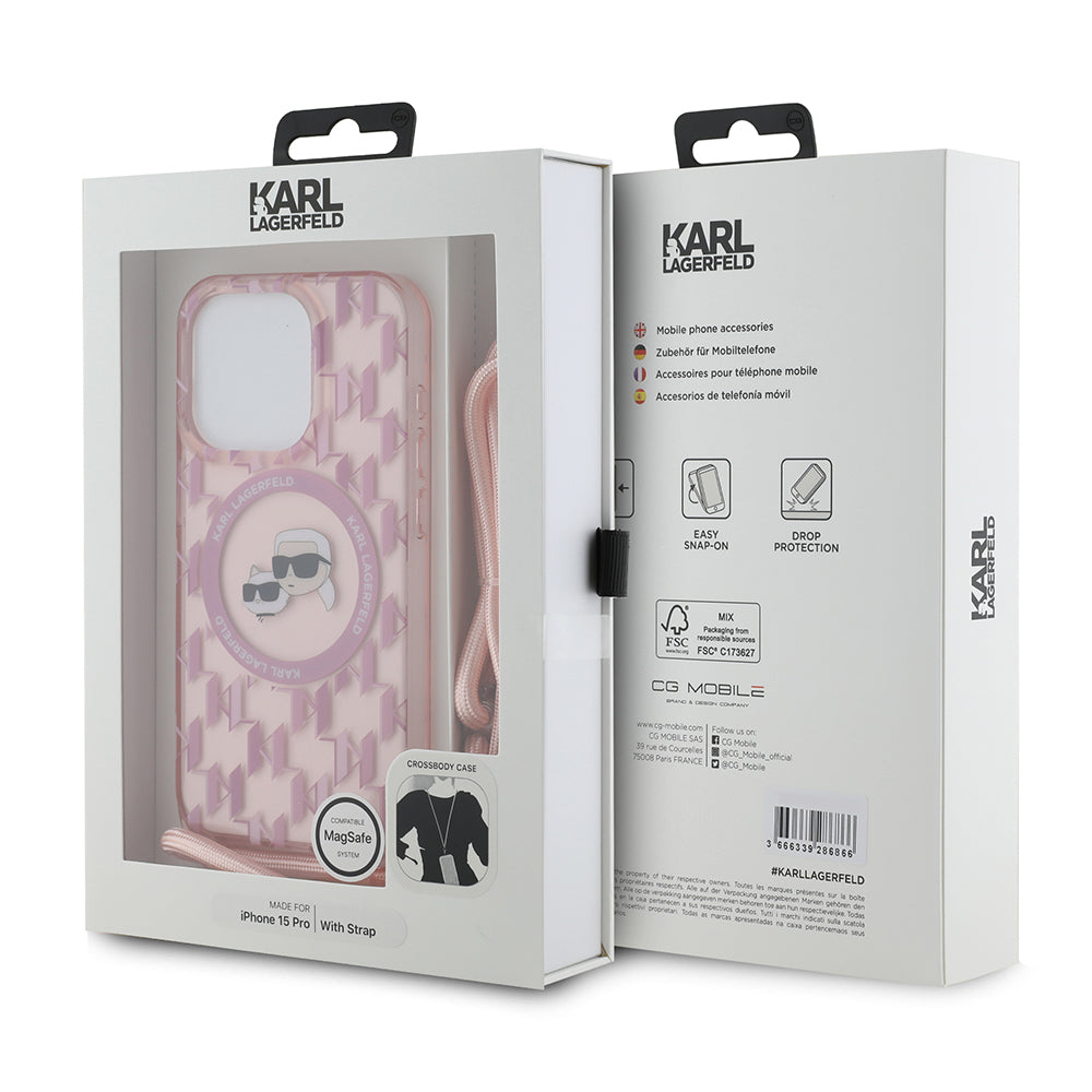 Θήκη MagSafe για Apple iPhone 15 Pro, Karl Lagerfeld, IML Crossbody Monogram Karl & Choupette's Heads, Ροζ