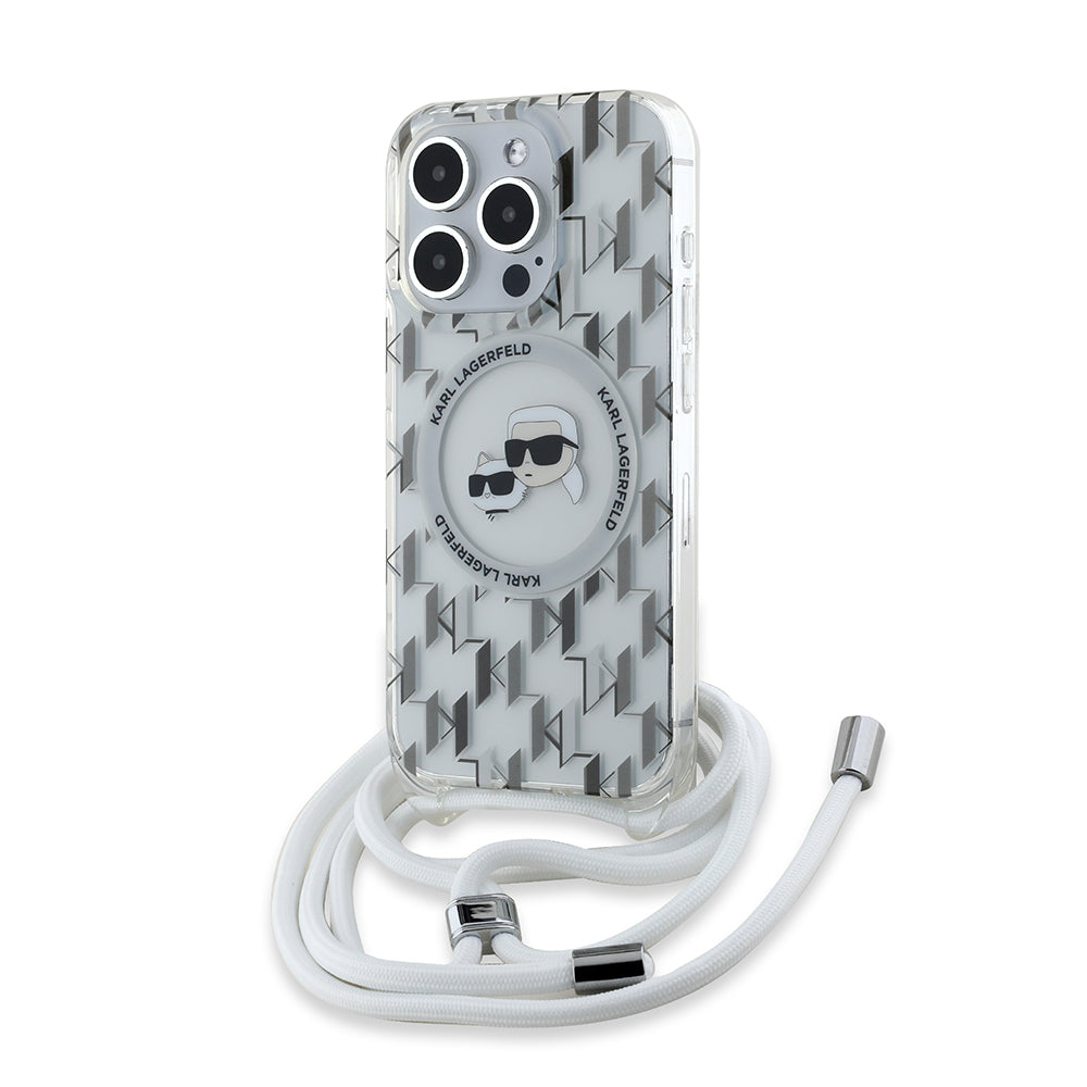 Θήκη MagSafe για Apple iPhone 15 Pro, Karl Lagerfeld, IML Crossbody Monogram Karl & Choupette's Heads, Διαφανής