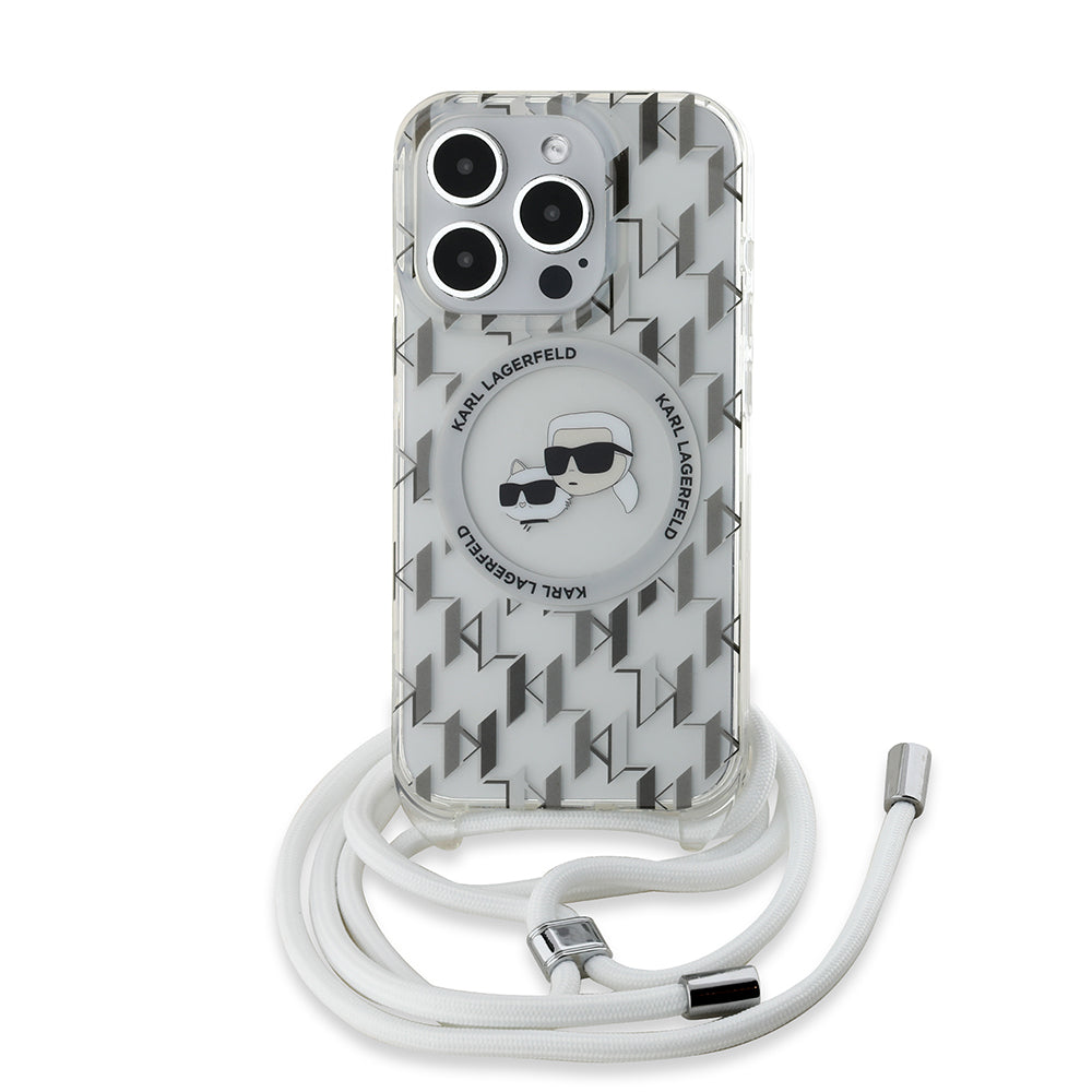 Θήκη MagSafe για Apple iPhone 15 Pro, Karl Lagerfeld, IML Crossbody Monogram Karl & Choupette's Heads, Διαφανής