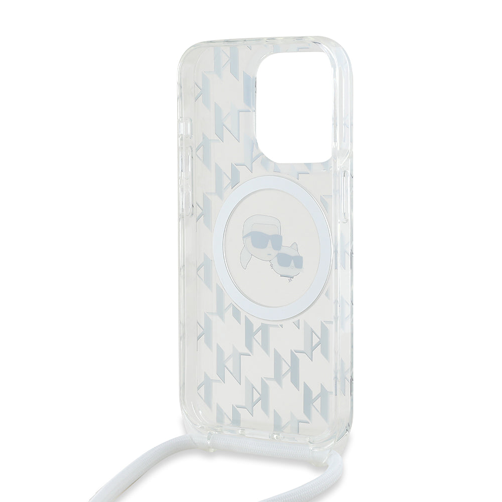 Θήκη MagSafe για Apple iPhone 15 Pro, Karl Lagerfeld, IML Crossbody Monogram Karl & Choupette's Heads, Διαφανής