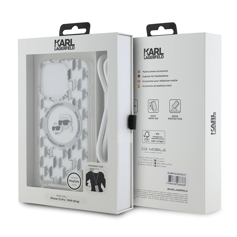 Θήκη MagSafe για Apple iPhone 15 Pro, Karl Lagerfeld, IML Crossbody Monogram Karl & Choupette's Heads, Διαφανής