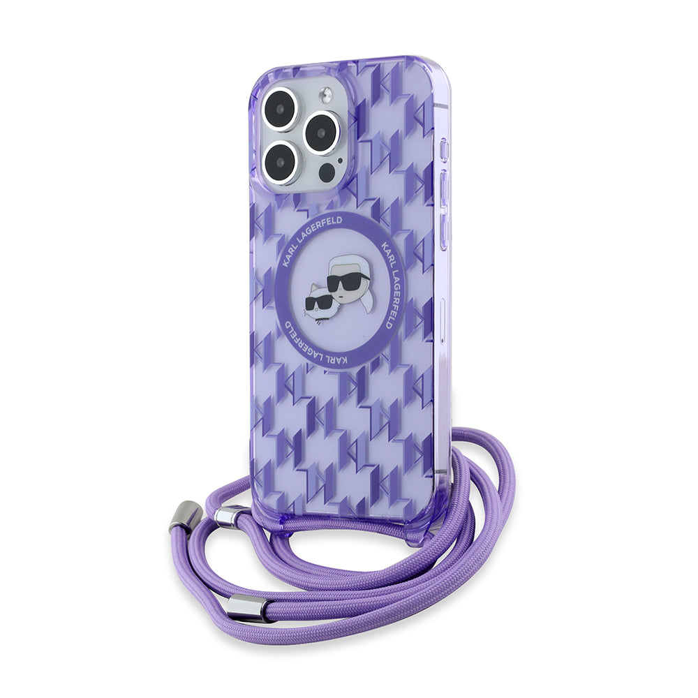 Θήκη MagSafe για Apple iPhone 15 Pro Max, Karl Lagerfeld, IML Crossbody Monogram Karl & Choupette's Heads, Μωβ