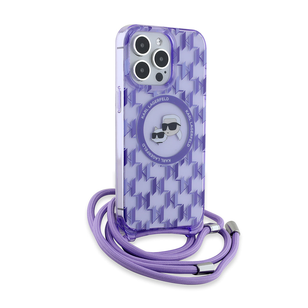 Θήκη MagSafe για Apple iPhone 15 Pro Max, Karl Lagerfeld, IML Crossbody Monogram Karl & Choupette's Heads, Μωβ