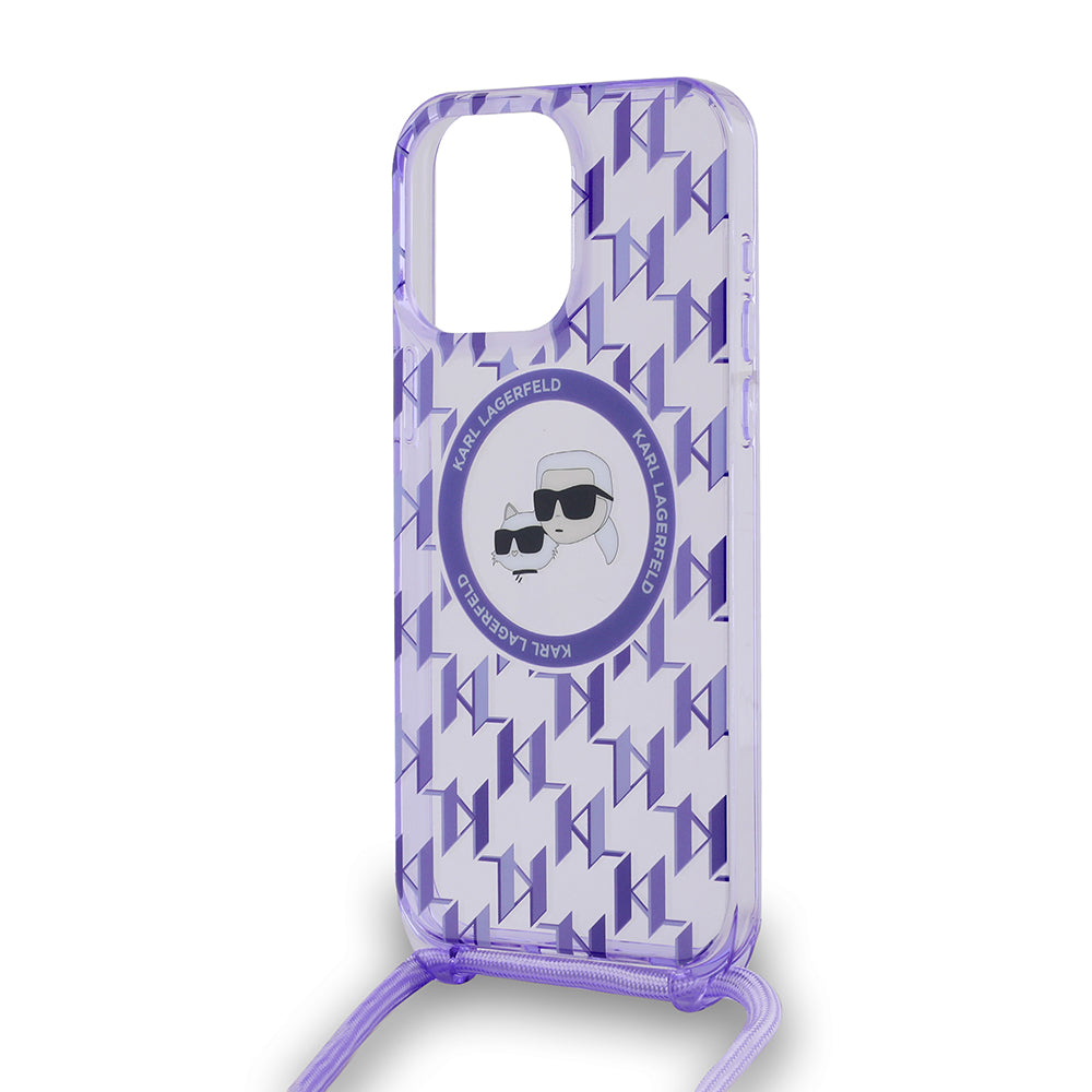 Θήκη MagSafe για Apple iPhone 15 Pro Max, Karl Lagerfeld, IML Crossbody Monogram Karl & Choupette's Heads, Μωβ