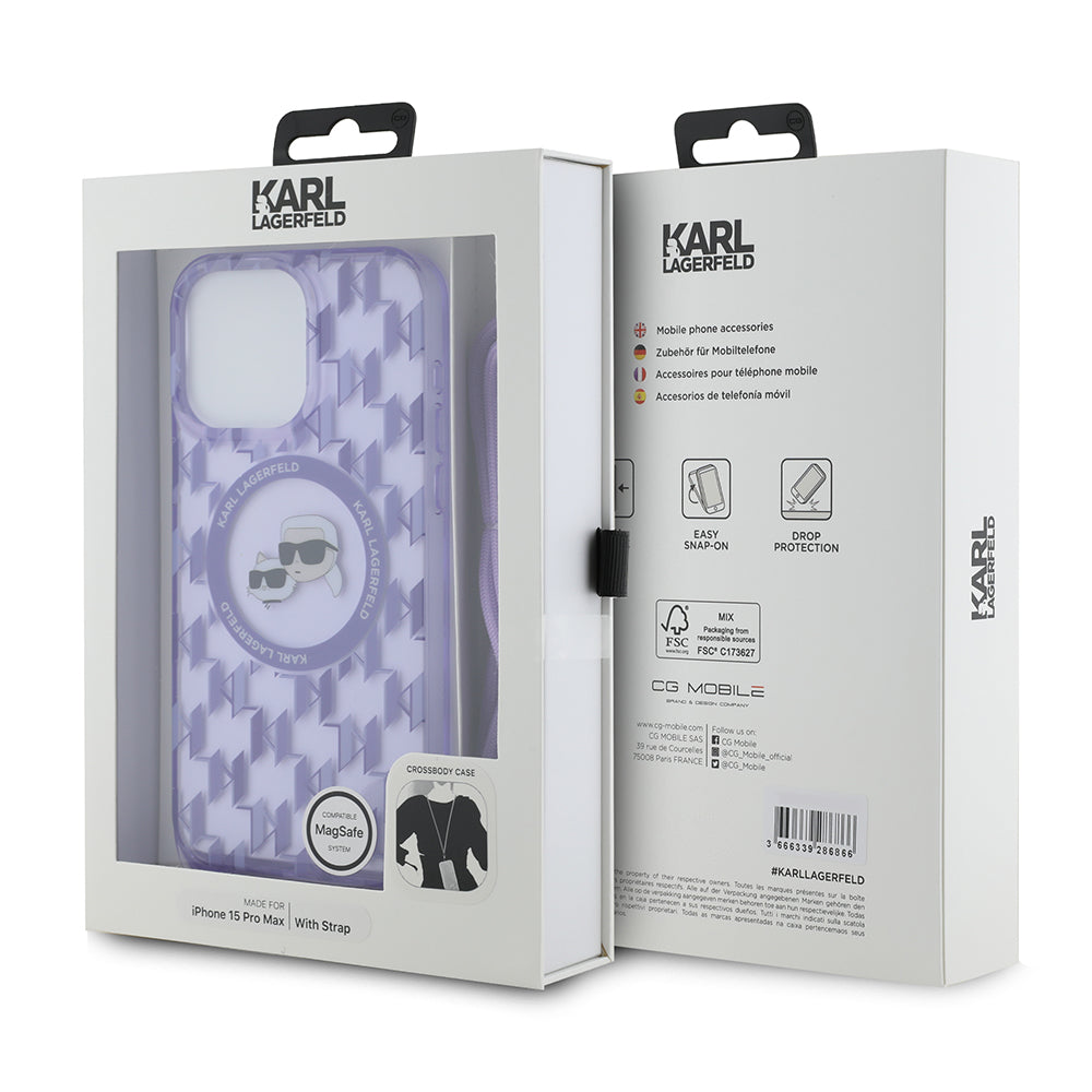 Θήκη MagSafe για Apple iPhone 15 Pro Max, Karl Lagerfeld, IML Crossbody Monogram Karl & Choupette's Heads, Μωβ