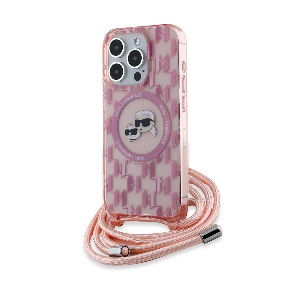 Θήκη MagSafe για Apple iPhone 15 Pro Max, Karl Lagerfeld, IML Crossbody Monogram Karl & Choupette's Heads, Ροζ